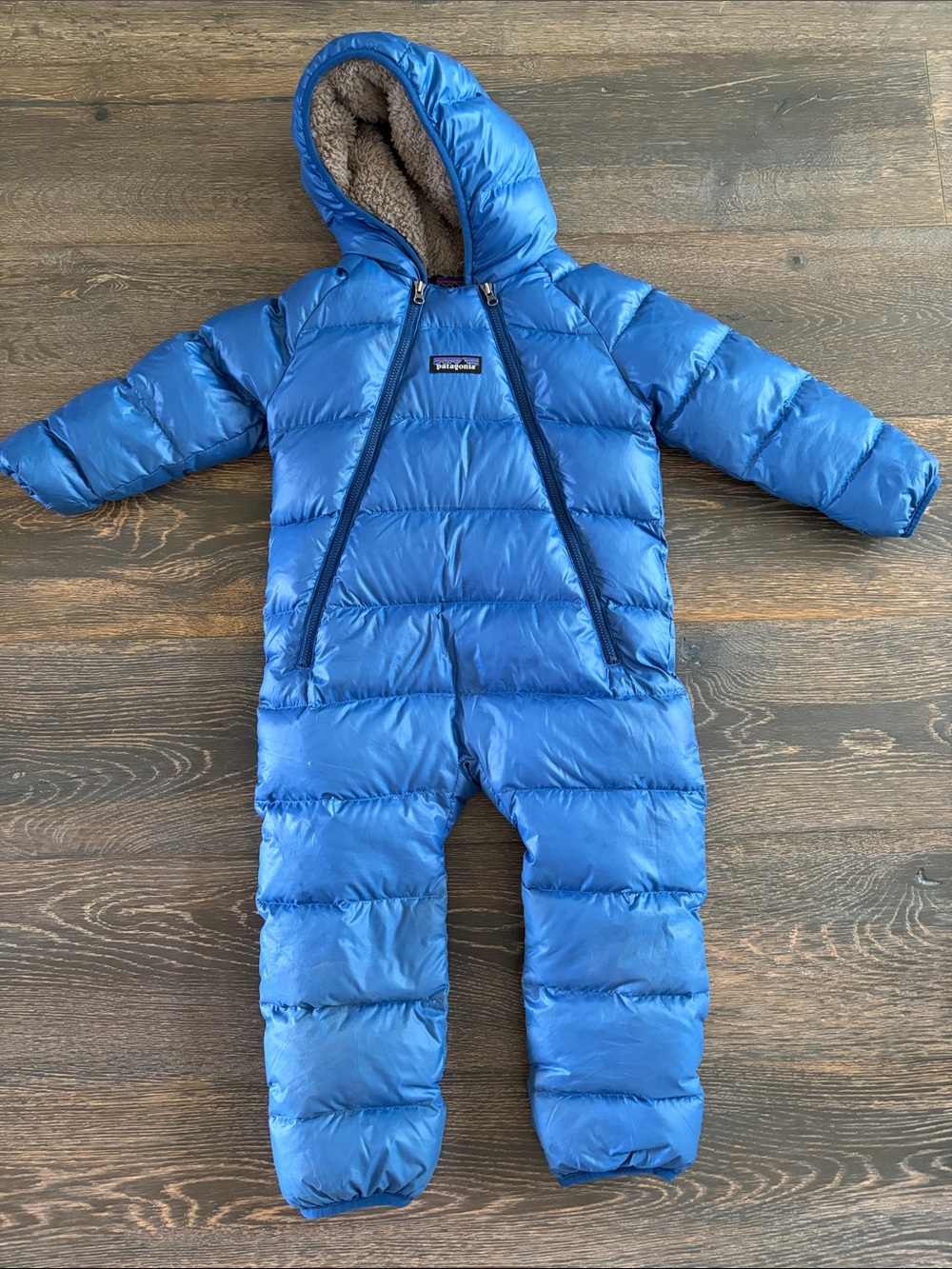Patagonia Kids Royal Blue Puffer Snowsuit with Tan Sherpa Hood